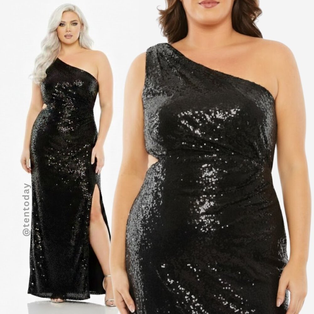 Mac Duggal Size 14W 14 Black Sequin One Shoulder Long Maxi Gown Evening Dress